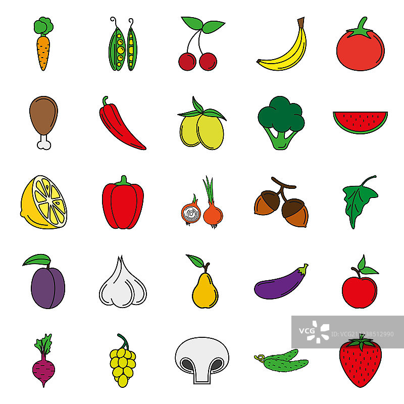食物图标集（彩色蔬菜和肉类）图片素材