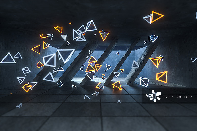 三维渲染，黑暗房间内的发光三角形图片素材