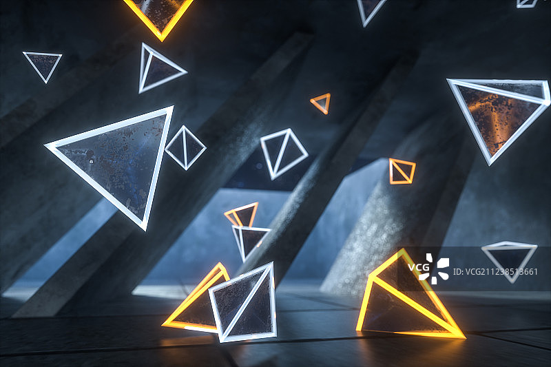 三维渲染，黑暗房间内的发光三角形图片素材