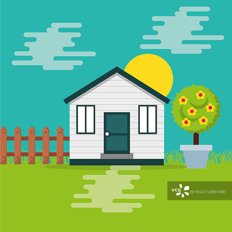 可爱的木制房屋花园围栏盆栽树水果图片素材