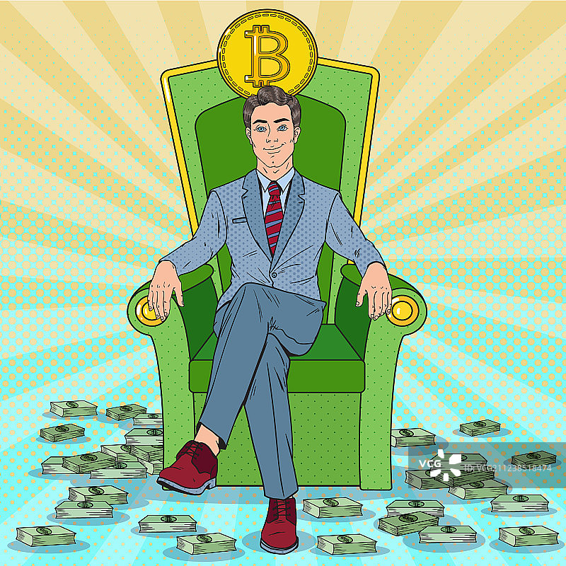 波普艺术：坐在比特币王座上的商人图片素材