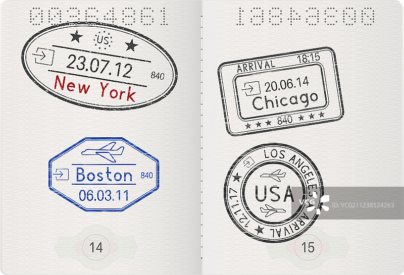 带有美国城市入境章的护照页图片素材