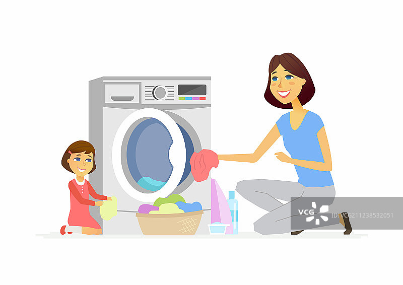 女孩帮助母亲洗涤——卡通人物图片素材