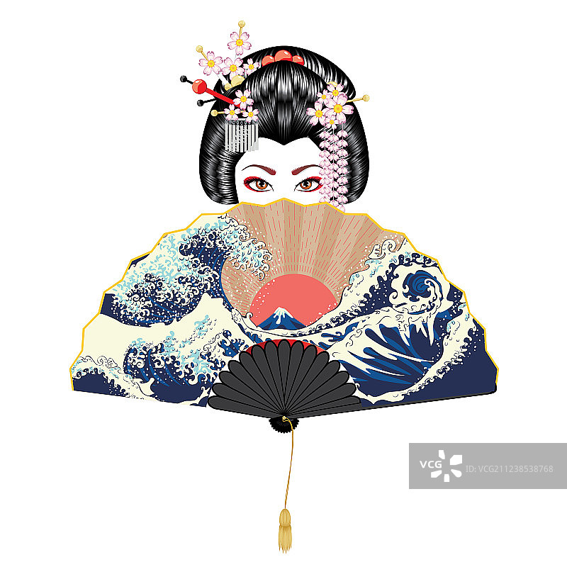 艺伎与海景扇子图片素材