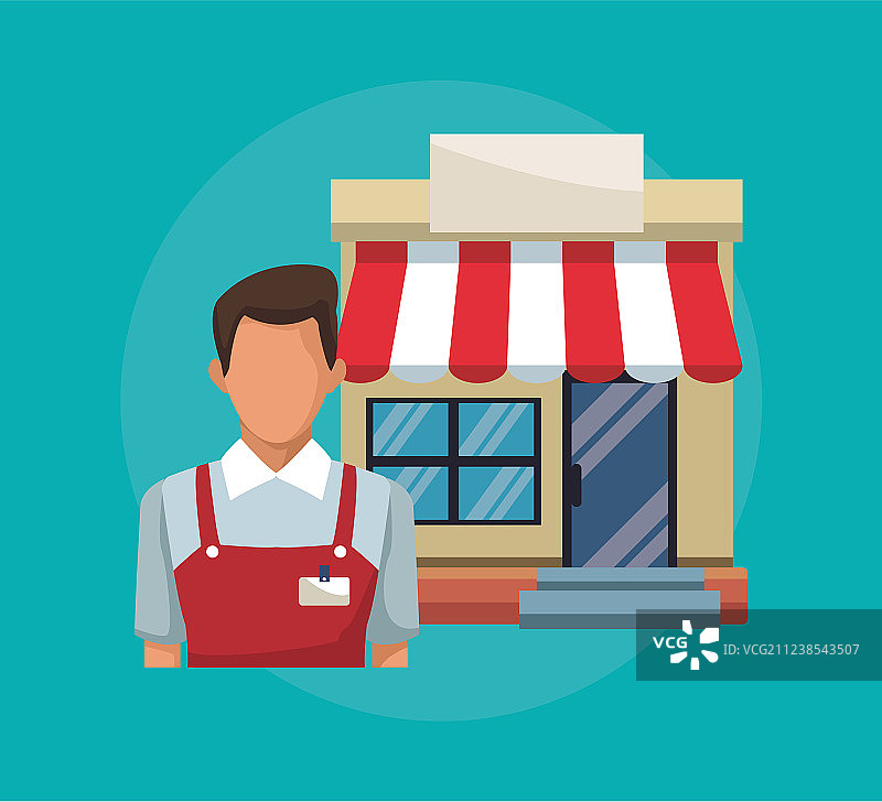 带有销售员和商店外观的彩色背景图片素材