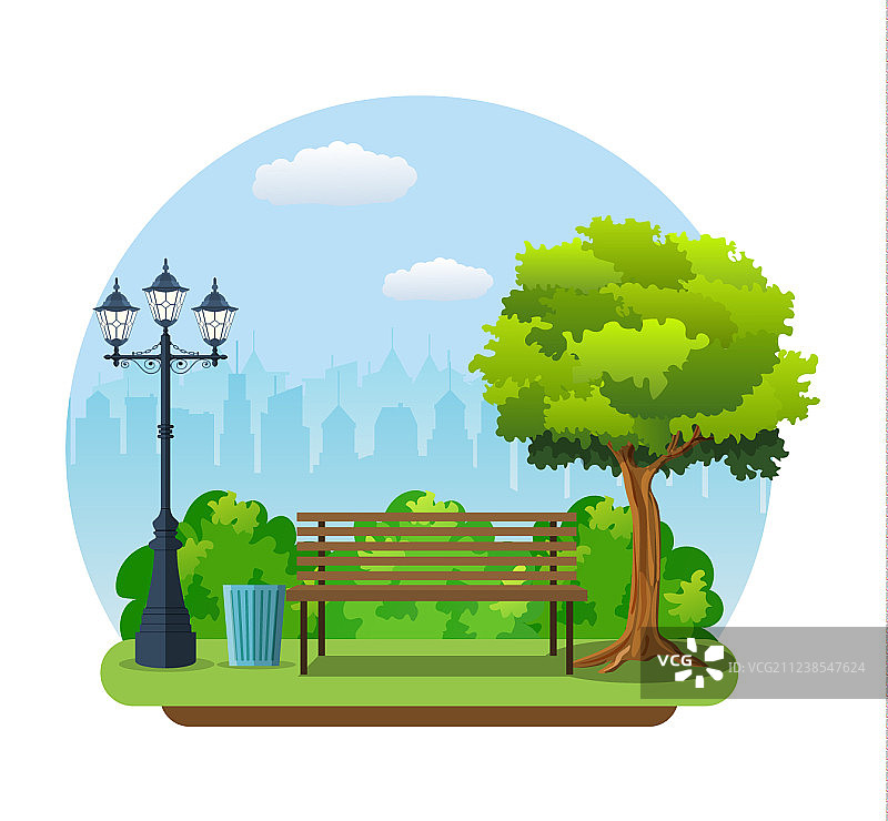 公园里带树和灯笼的长椅图片素材