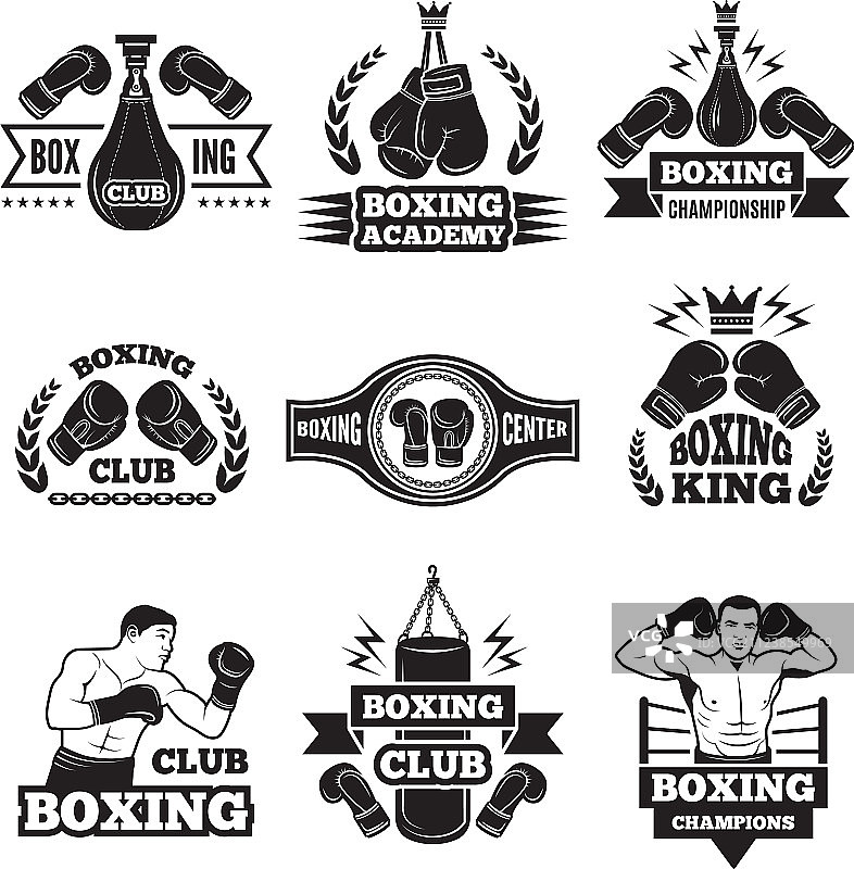 拳击锦标赛单色标签套装图片素材