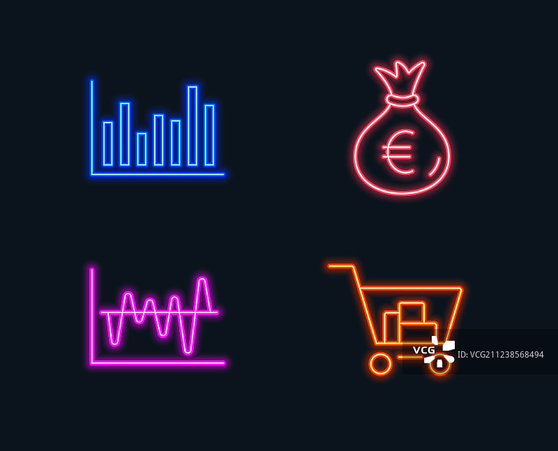 条形图、钱袋和股票分析图标图片素材