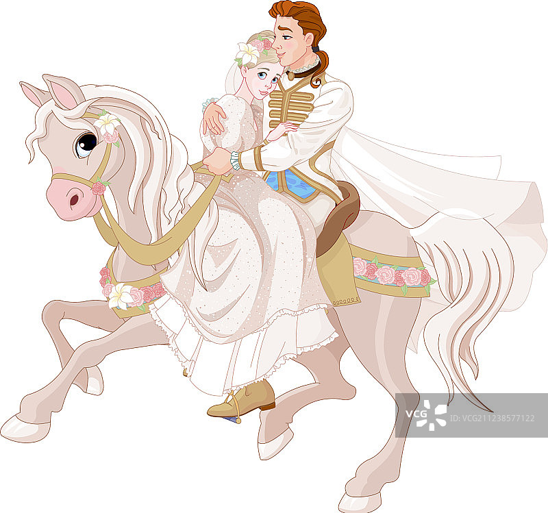 灰姑娘和王子婚礼后骑马图片素材