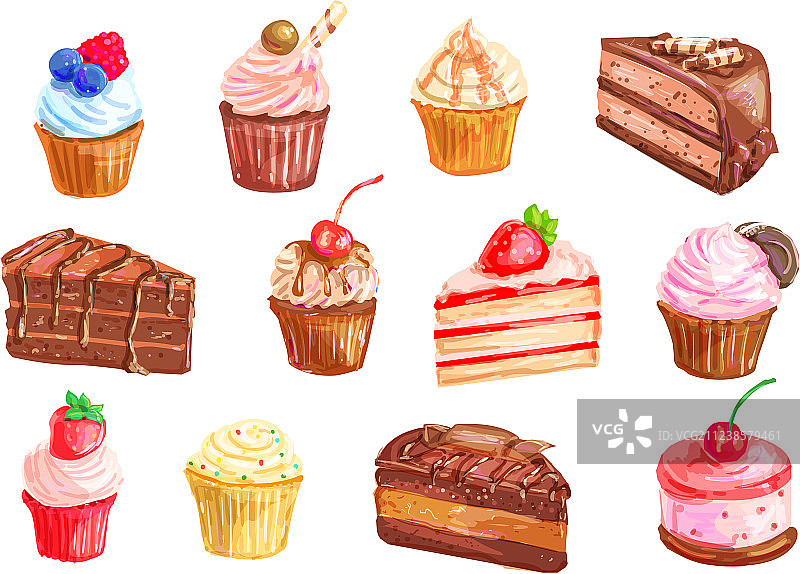 蛋糕和纸杯蛋糕甜点水彩套装设计图片素材