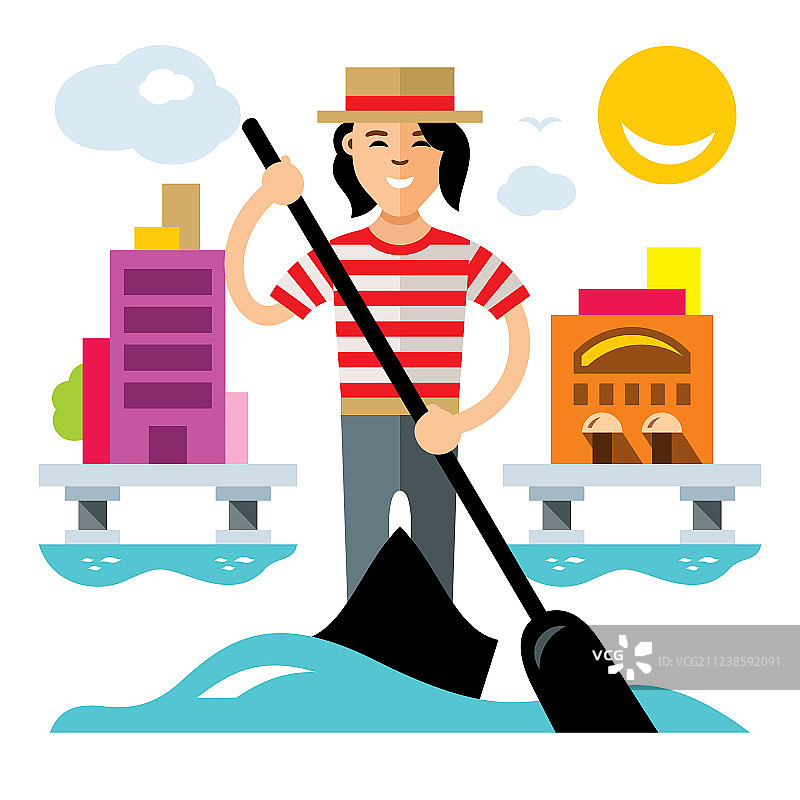 威尼斯贡多拉船夫划桨扁平图片素材