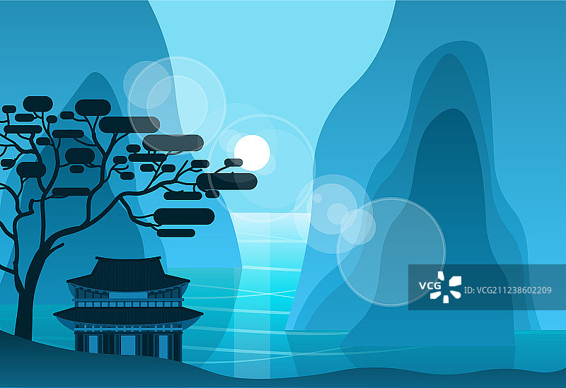 夜晚山中的亚洲寺庙图片素材