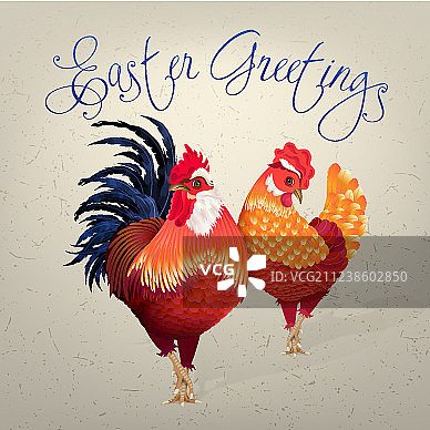 公鸡和小鸡复活节快乐贺卡图片素材