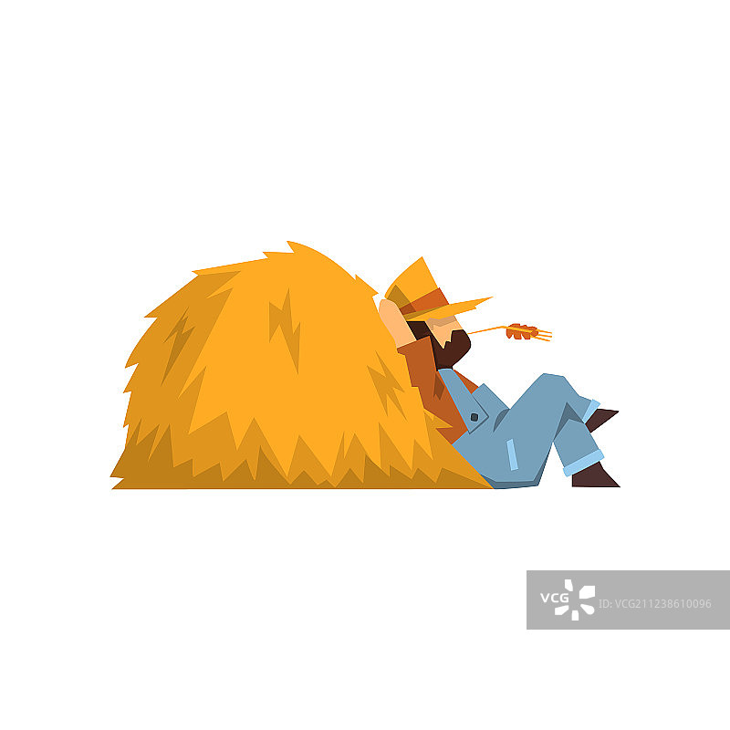 疲惫的农民坐在干草堆旁休息图片素材