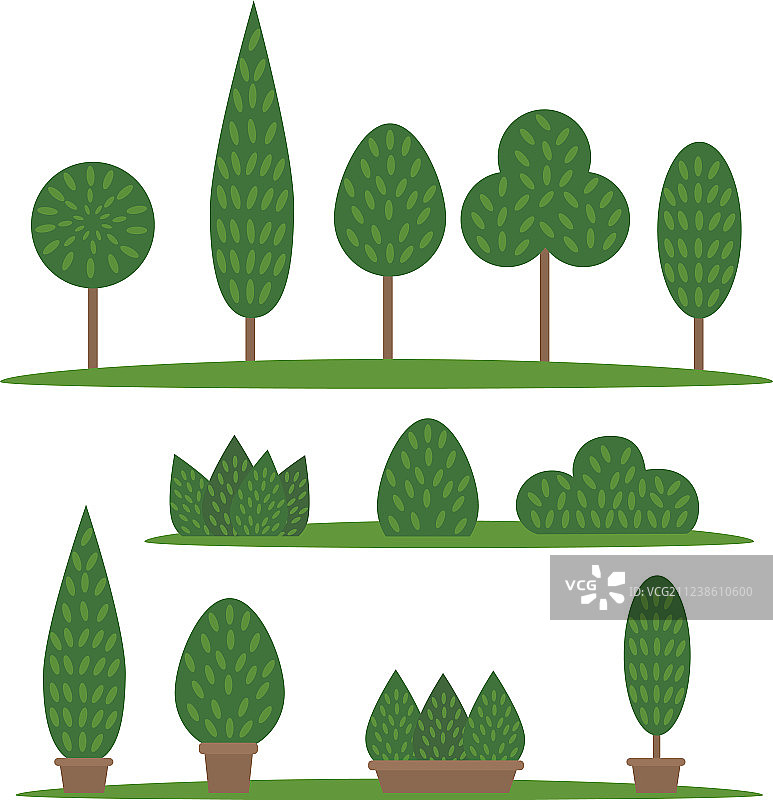 花园和公园卡通树木灌木套装图片素材