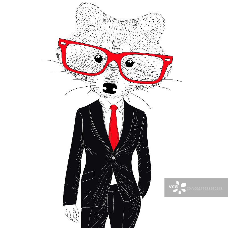 手绘西装的可爱快乐浣熊图片素材