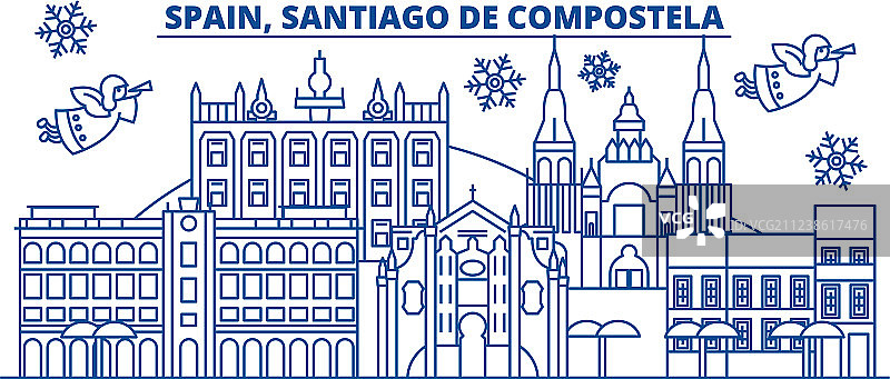 西班牙圣地亚哥-德孔波斯特拉冬季城市天际线图片素材