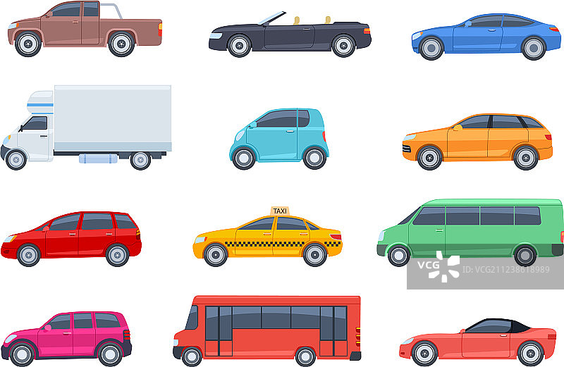 扁平风汽车出租车和小型货车敞篷车素材图片素材