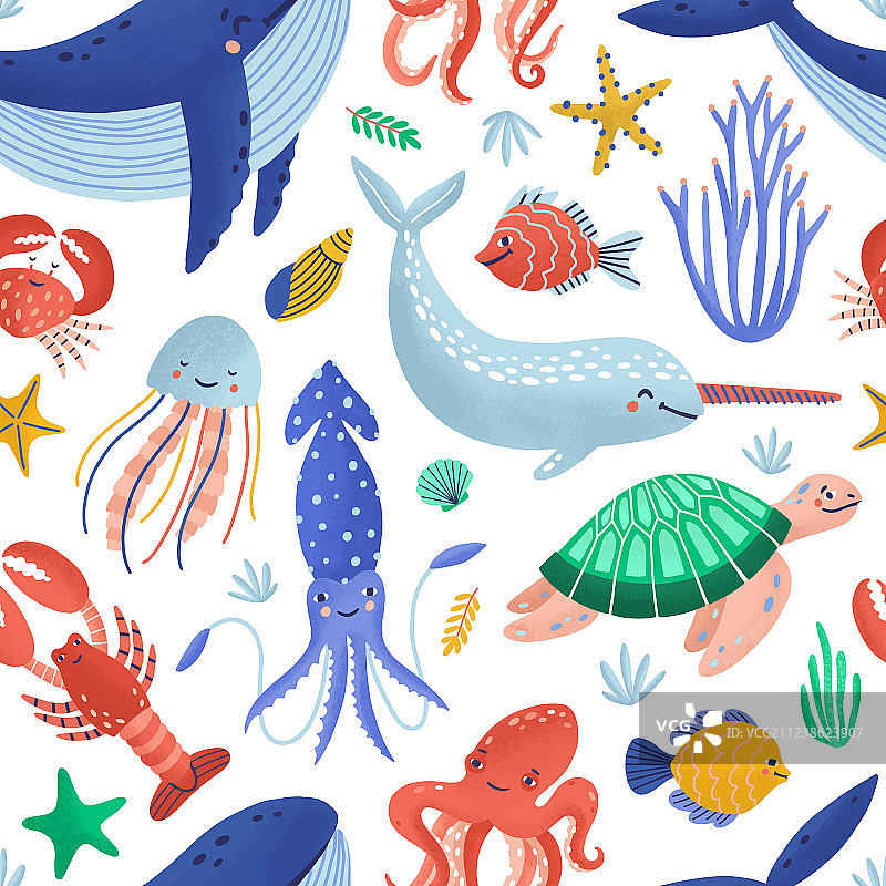 可爱海洋动物无缝图案图片素材