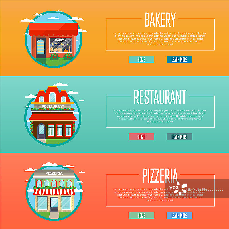 比萨店、面包店和餐厅的banner外立面图片素材