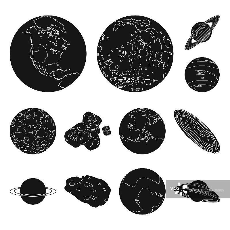 太阳系行星黑色图标合集图片素材
