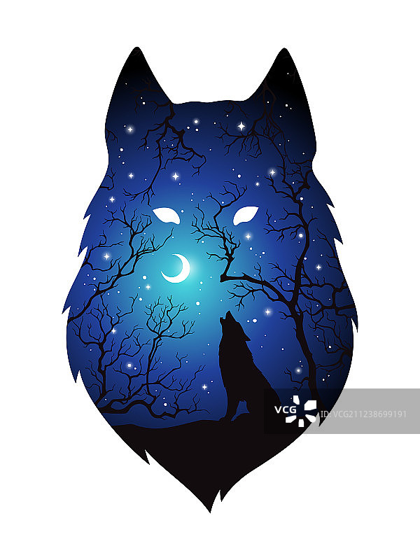 夜晚狼轮廓的双重曝光图片素材