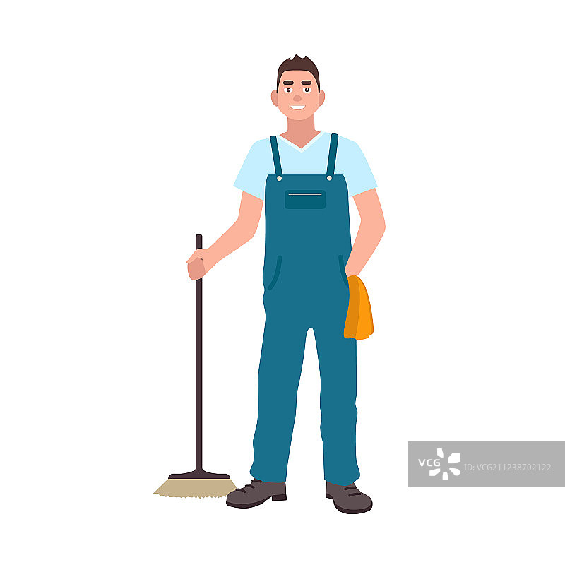 微笑的男人穿着工作服，拿着擦洗器图片素材