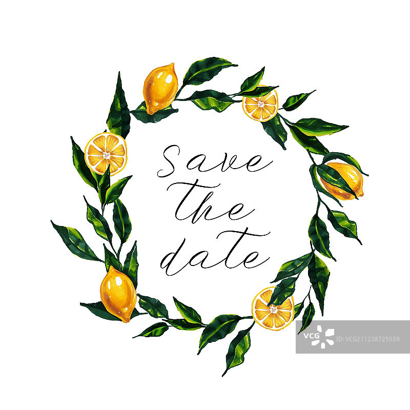 水彩柠檬花环婚礼邀请函图片素材