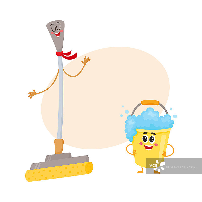 有趣的拖把和肥皂泡桶角色图片素材
