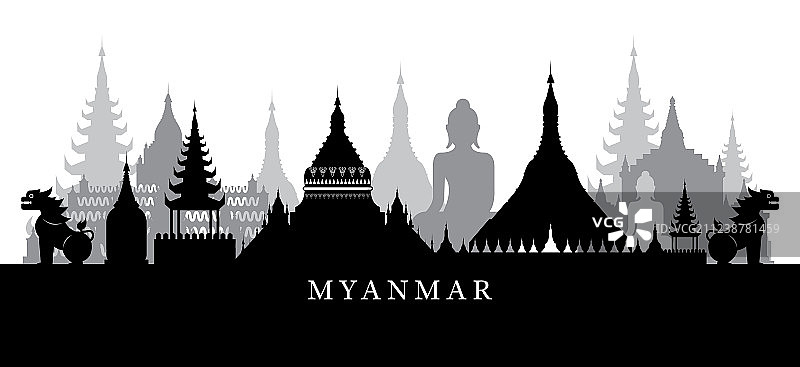 缅甸地标黑白天际线图片素材