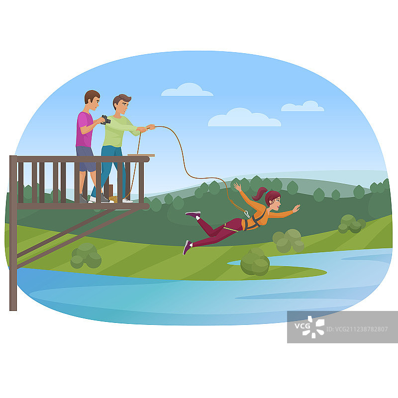 女人和朋友一起玩蹦极图片素材