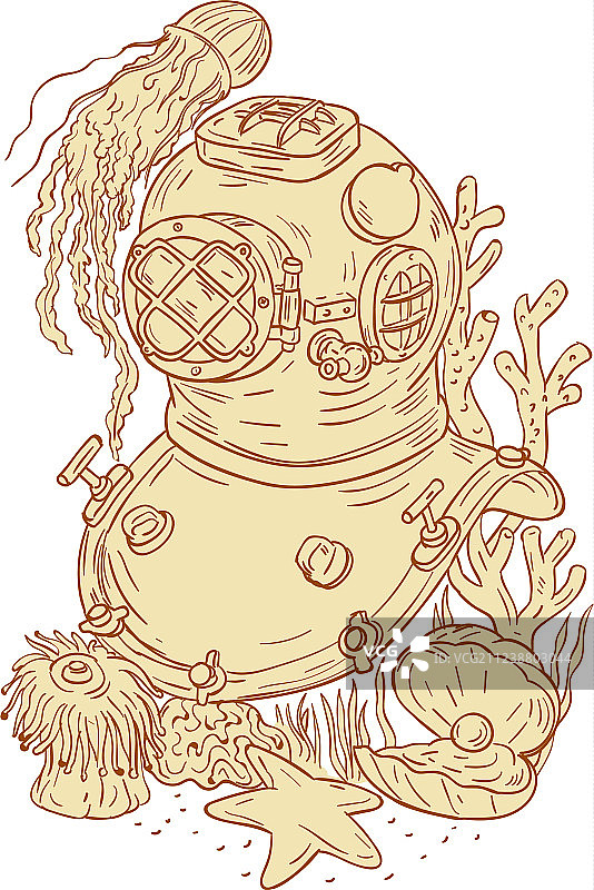 复古潜水头盔水下绘画图片素材