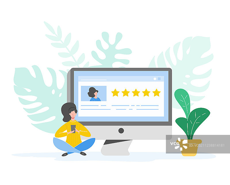 女性撰写良好反馈评价概念图片素材