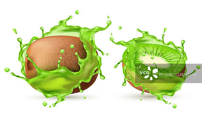 3D逼真绿色飞溅奇异果图片素材
