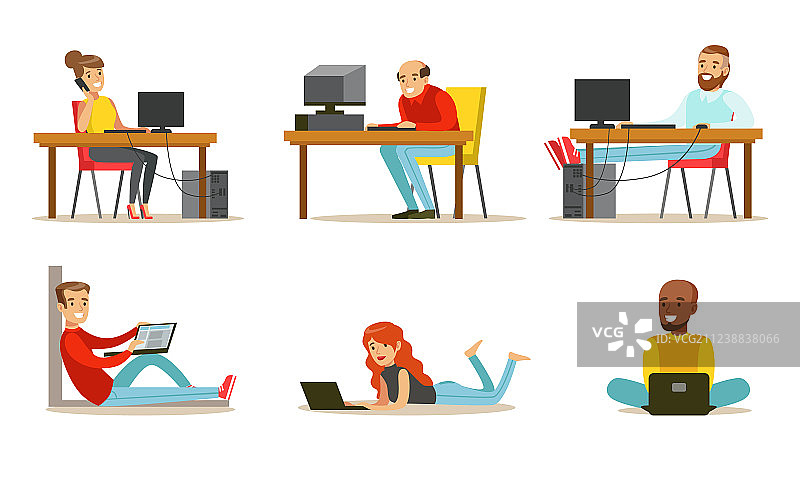 带笔记本电脑的卡通人物扁平套装图片素材