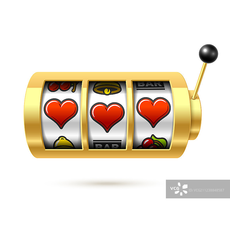 金色老虎机上的三个幸运红心符号图片素材