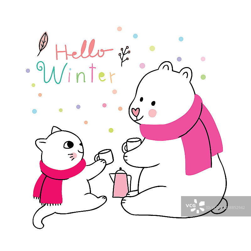 卡通可爱冬季猫咪和北极熊饮图片素材