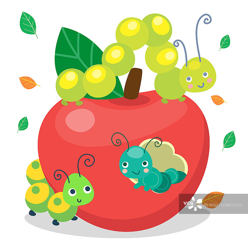吃苹果的绿色趣味微笑可爱毛毛虫图片素材
