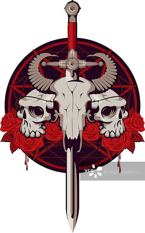 骷髅、剑、玫瑰和五角星标志图片素材