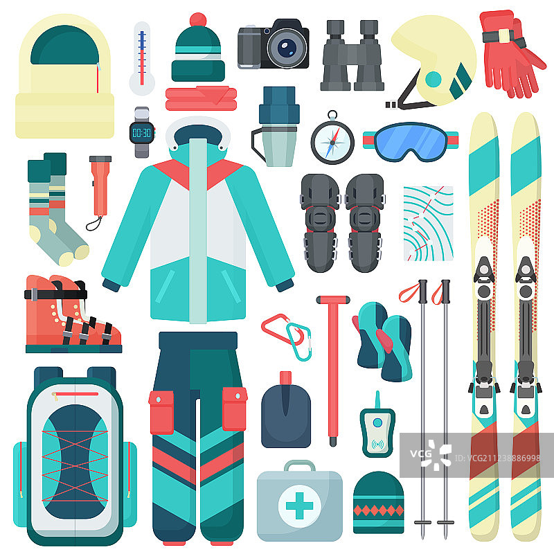 冬季滑雪设备旅行图标集图片素材