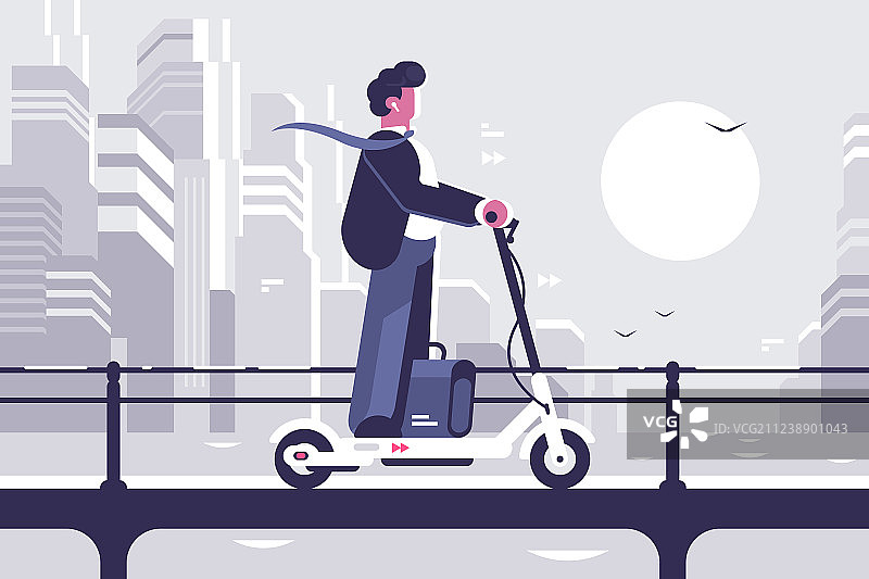 年轻男人骑电动滑板车穿梭现代城市图片素材