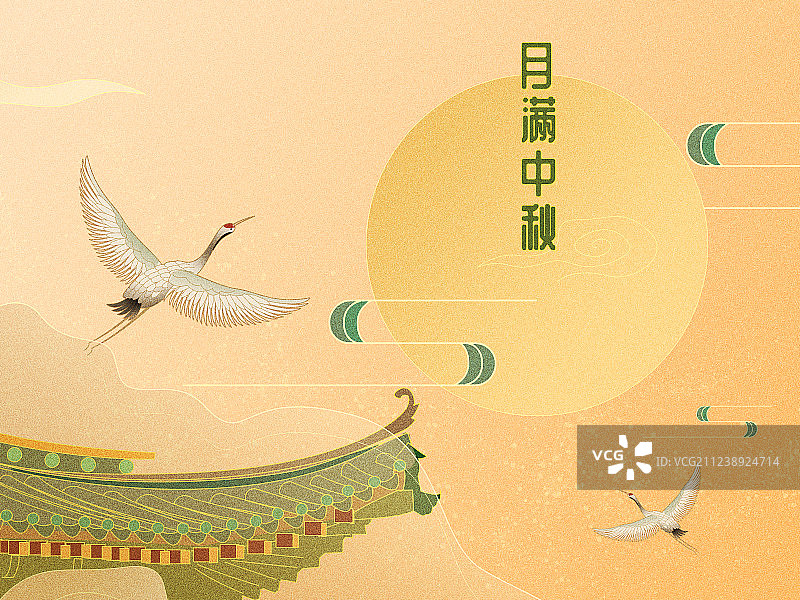 中秋仙鹤古建筑祥云复古古风图片素材