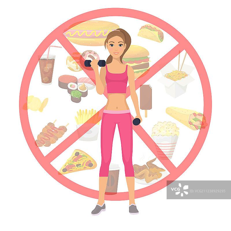 运动女孩与快餐不健康生活方式图片素材