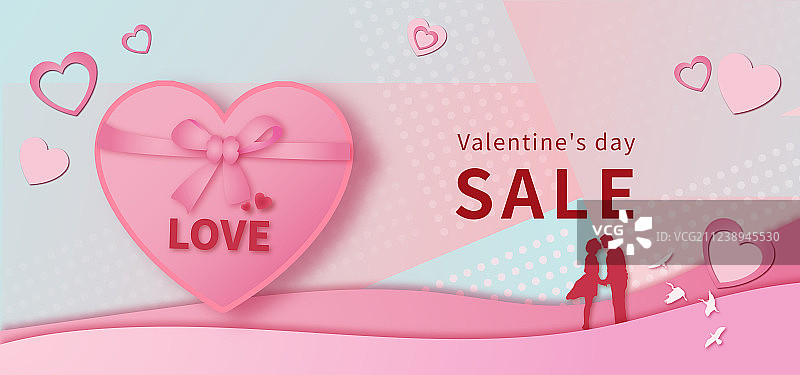 浪漫情人节促销活动剪纸风展板插画粉色背景图片素材