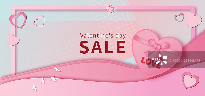 浪漫情人节促销活动剪纸风展板插画粉色背景图片素材