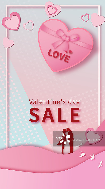 浪漫情人节促销活动剪纸风展板插画粉色背景图片素材