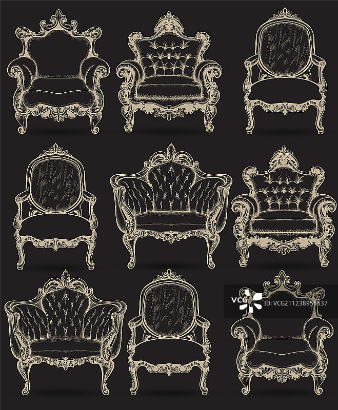 法式奢华巴洛克扶手椅套装图片素材