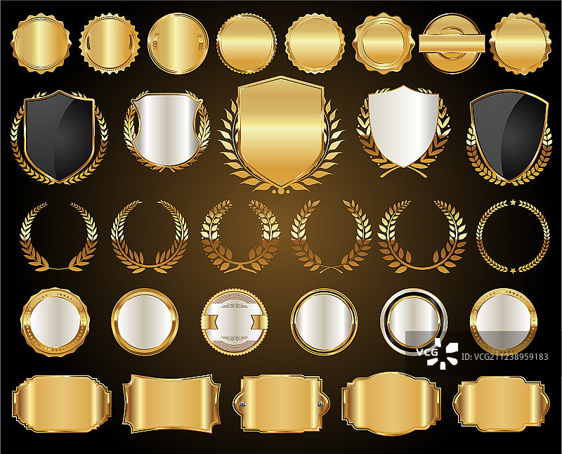 金盾，月桂花环和徽章图片素材