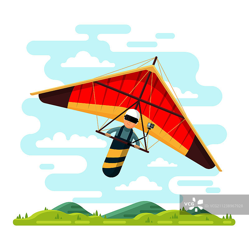 男子玩悬挂式滑翔翼扁平风格图片素材