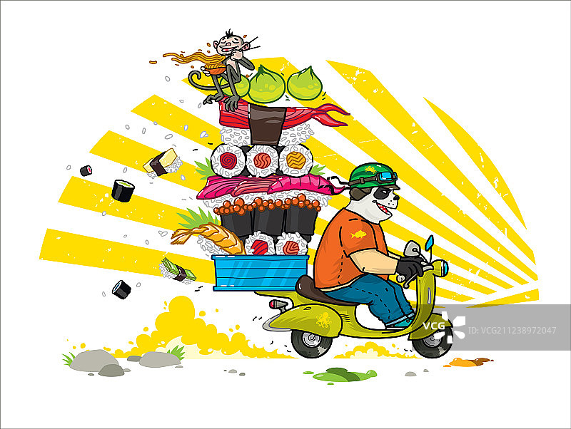 运送亚洲食物的可爱卡通熊猫图片素材